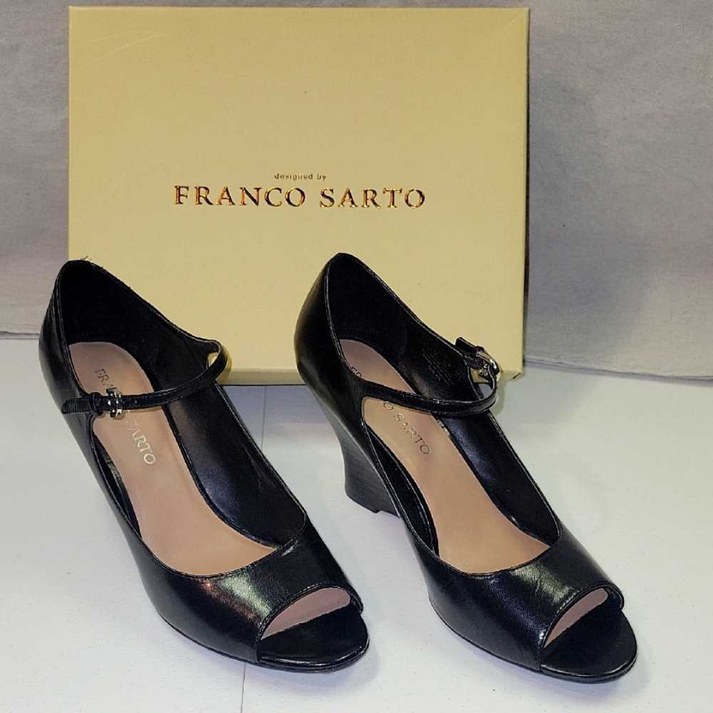Franco Sarto Black Women's Peep Toe Wedges